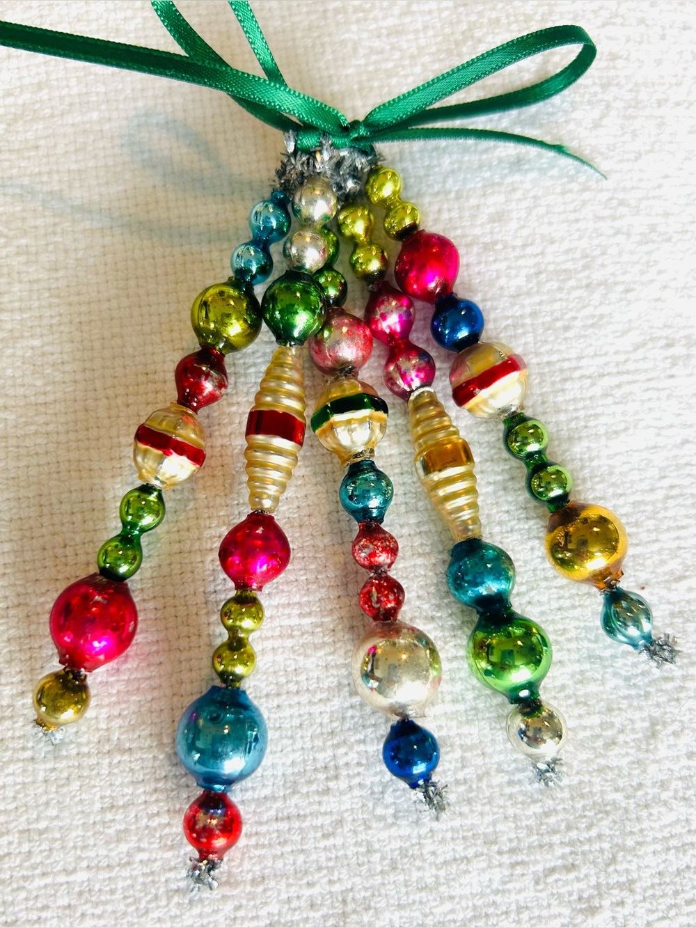Mini Vintage Repurposed  holiday Christmas ornaments, mercury Glass bead icicle